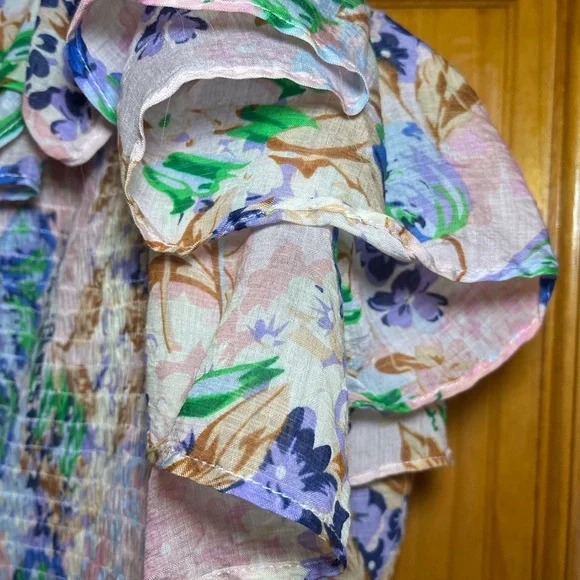 Gracia White, Blue, Print, Ruffled Long Sleeve Blouse, 70% Rayon, 30% Nylon - Picture 7 of 10